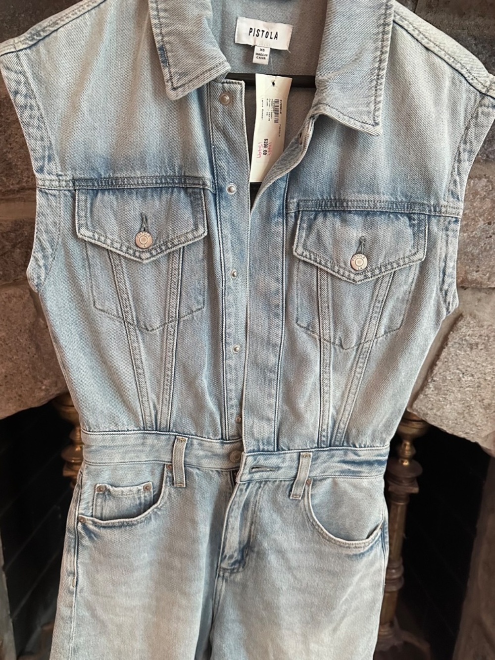 Pistola Everly XS Denim Romper Light Wash Sleeveless Utility Jean Shorts NWT - Picture 4 of 9